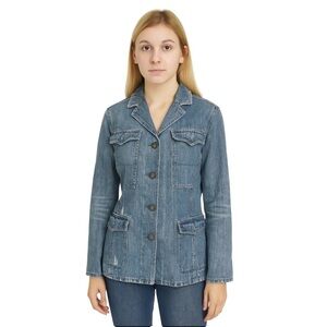 Ellie Tahari Blue Denim Distressed Jean Jacket Blazer Medium